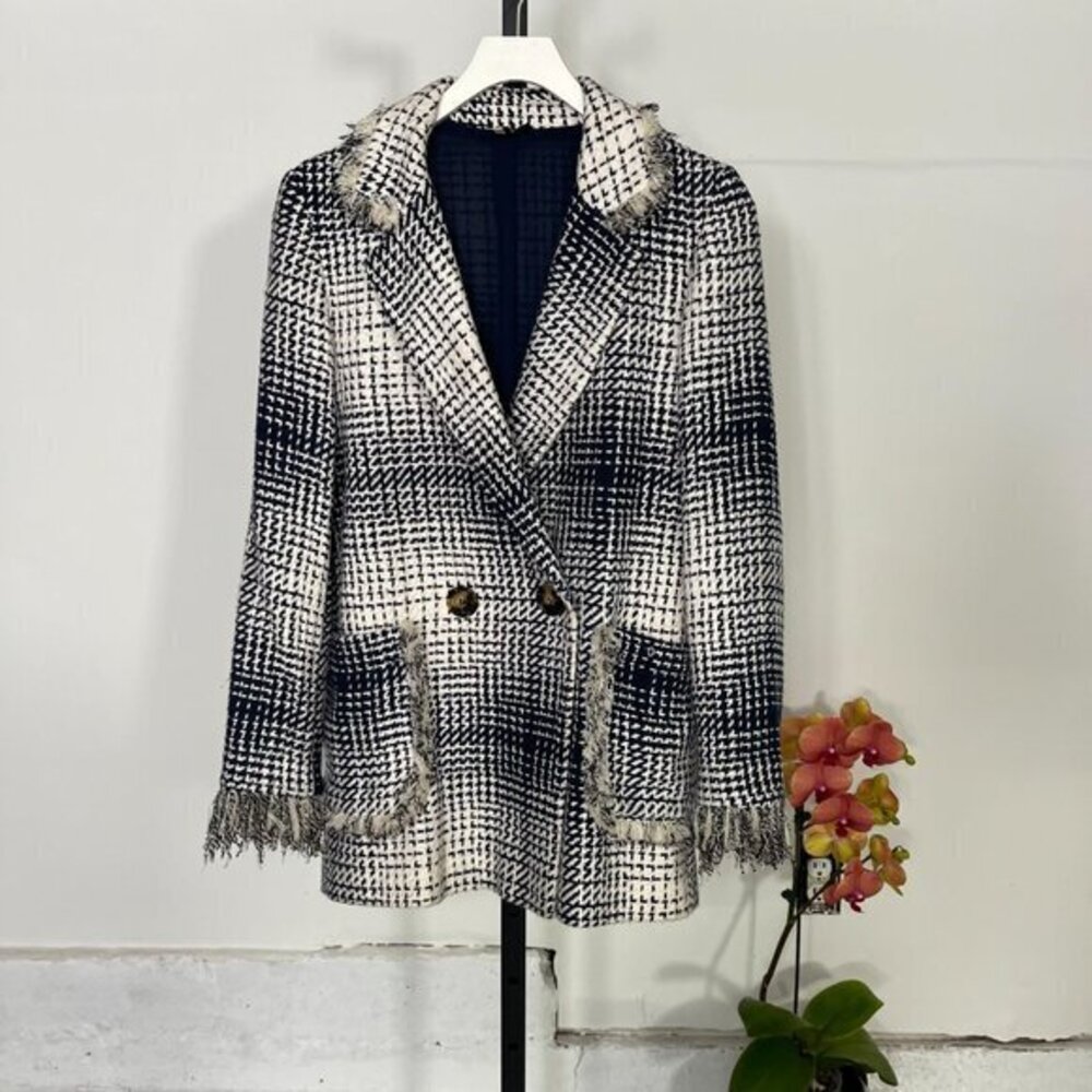 TOPSHOP Womens Navy & White Houndstooth Tweed Fringe Hem Blazer Jacket Size 2